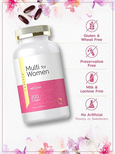 Miniatura 4 de Carlyle Multivitamínico para mujeres con hierro | 200 cápsulas blandas | Vitaminas esenciales, minerales y omegas | Suplemento de apoyo nutricional