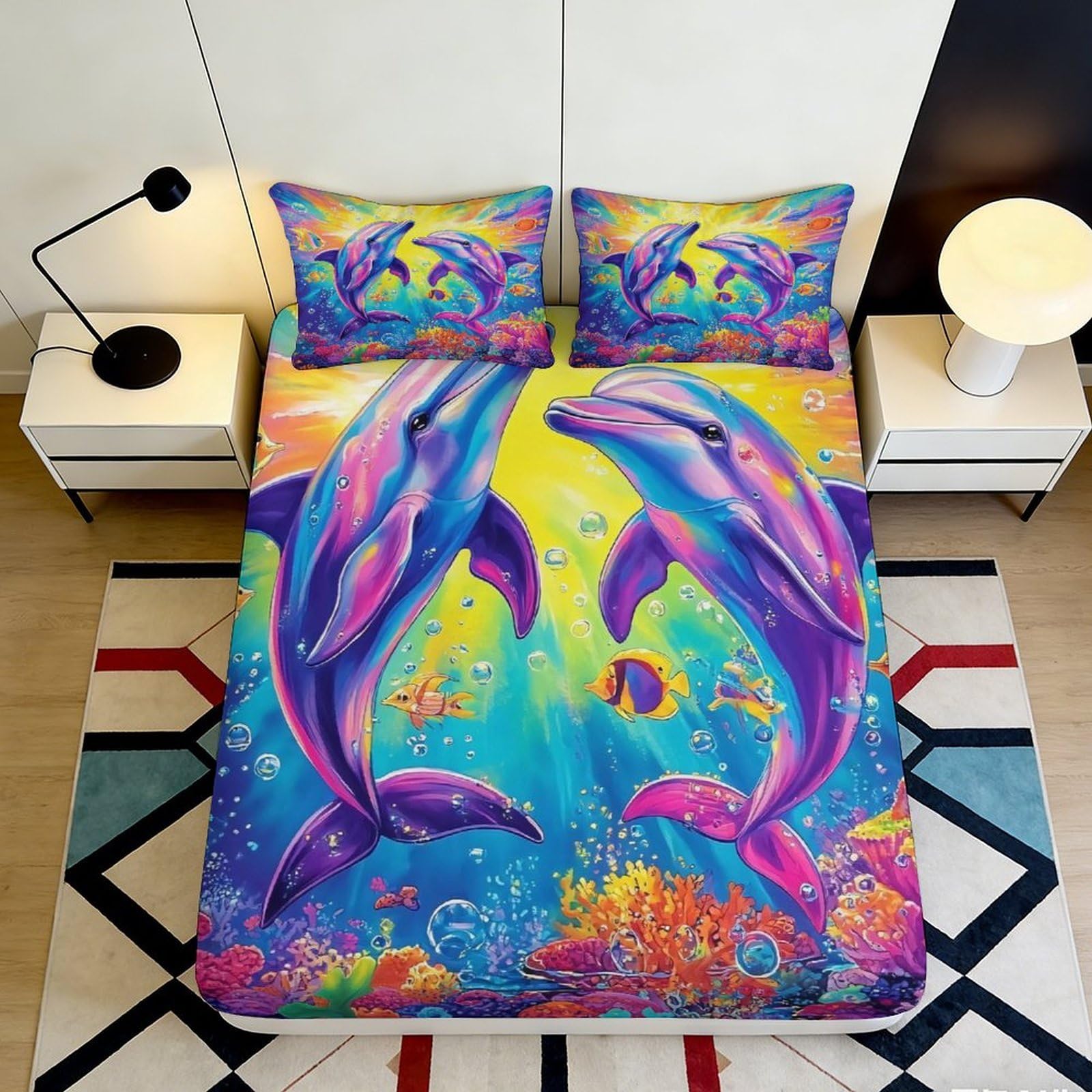 Jqzkxnhpbr Style-5 3D Printed Vibrant Dolphin Fitted Sheet Microfiber Soft Ocean Coral Mattress Cover Bedroom Decor Easy Care 90X200x25cm