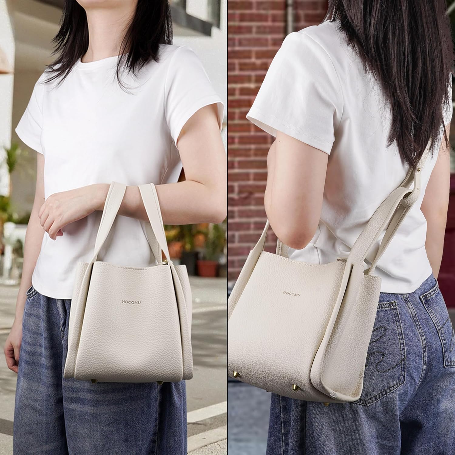 Bucket Bag for Women - Soft Vegan Leather Crossbody Purse with Detachable Pouch, Cream White Shoulder Handbag