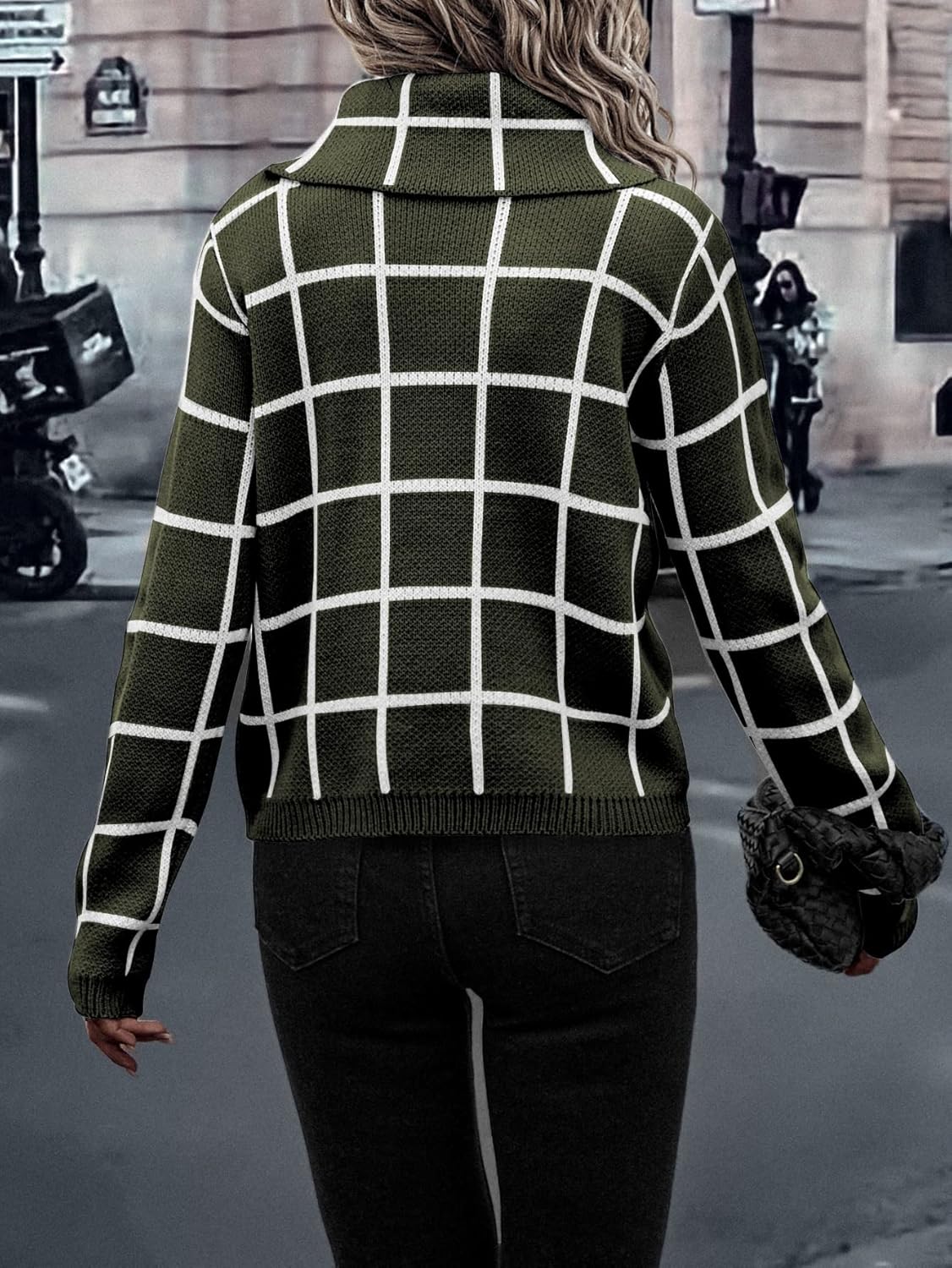 Women's Sweater Plaid Pattern High Neck Sweater Sweater for Women