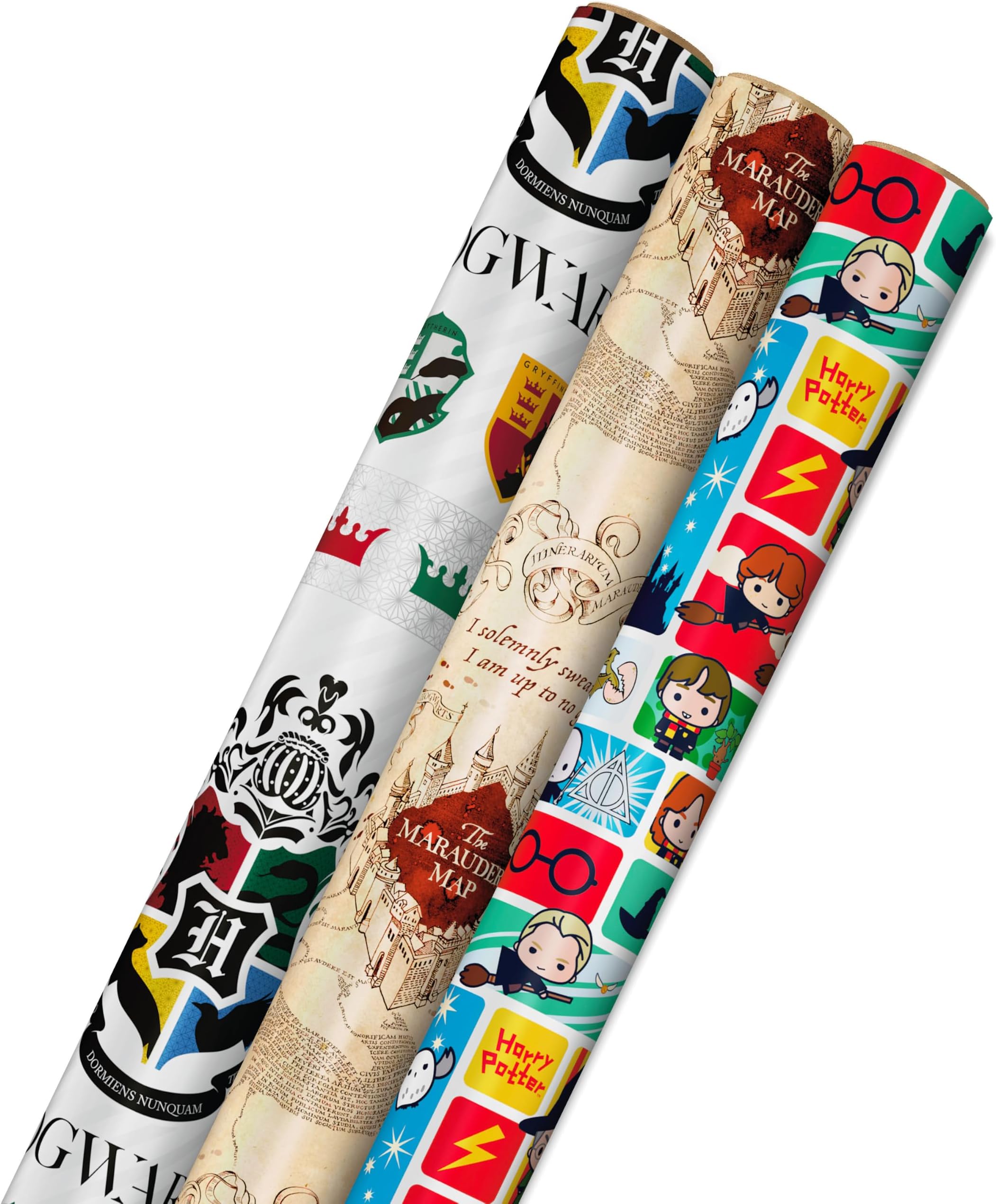 Harry Potter Wrapping Paper with Cut Lines on Reverse (3-Pack: 60 sq. ft. ttl; Marauder's Map, Hogwarts Crest) for Birthdays, Graduations, Christmas, Valentine's Day