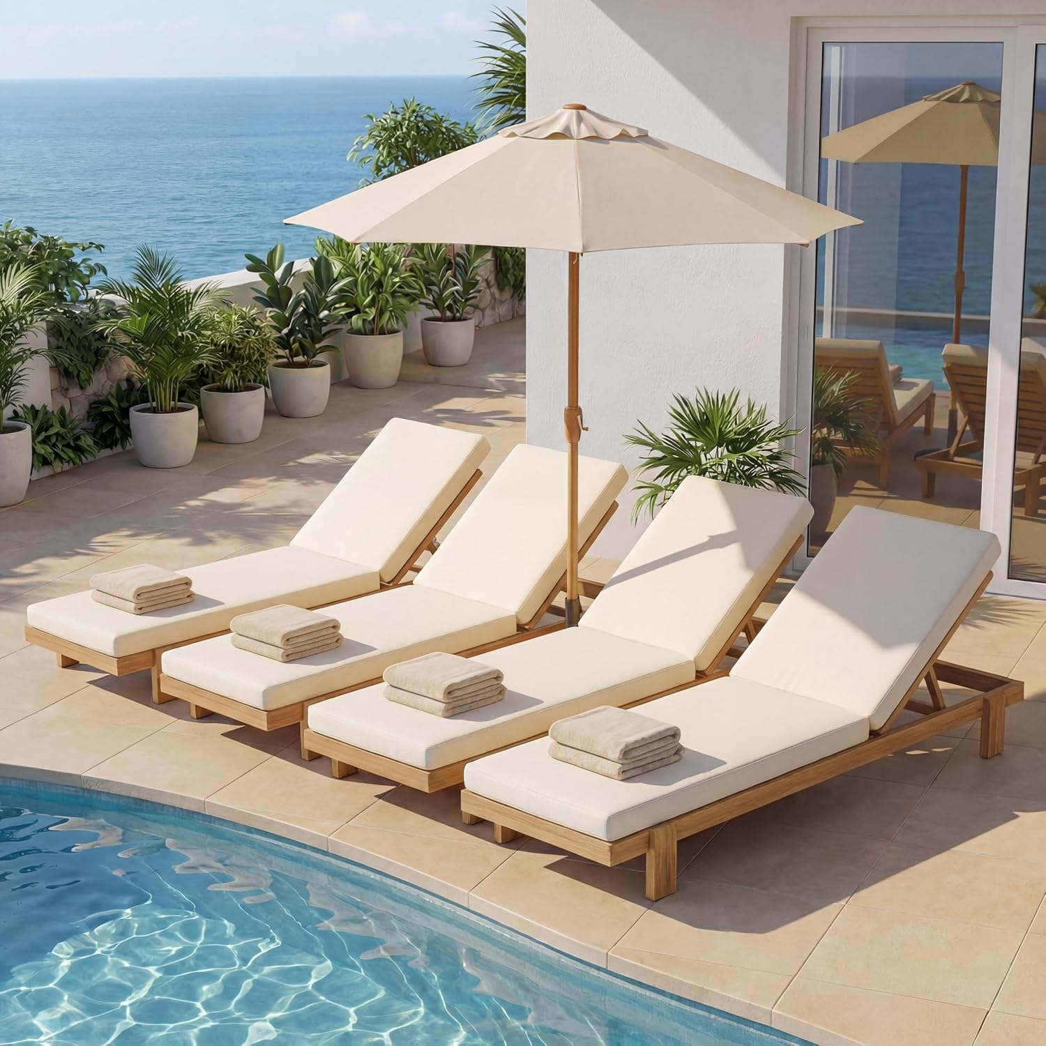 Christopher Knight Home Duska Acacia Wood Chaise Lounge Chair Set of 4, Patio Outdoor Chaise Lounge with Cushions, Adjustable Backrest Single Lounge Sofa, Garden Poolside Backyard Seating, Teak+Beige