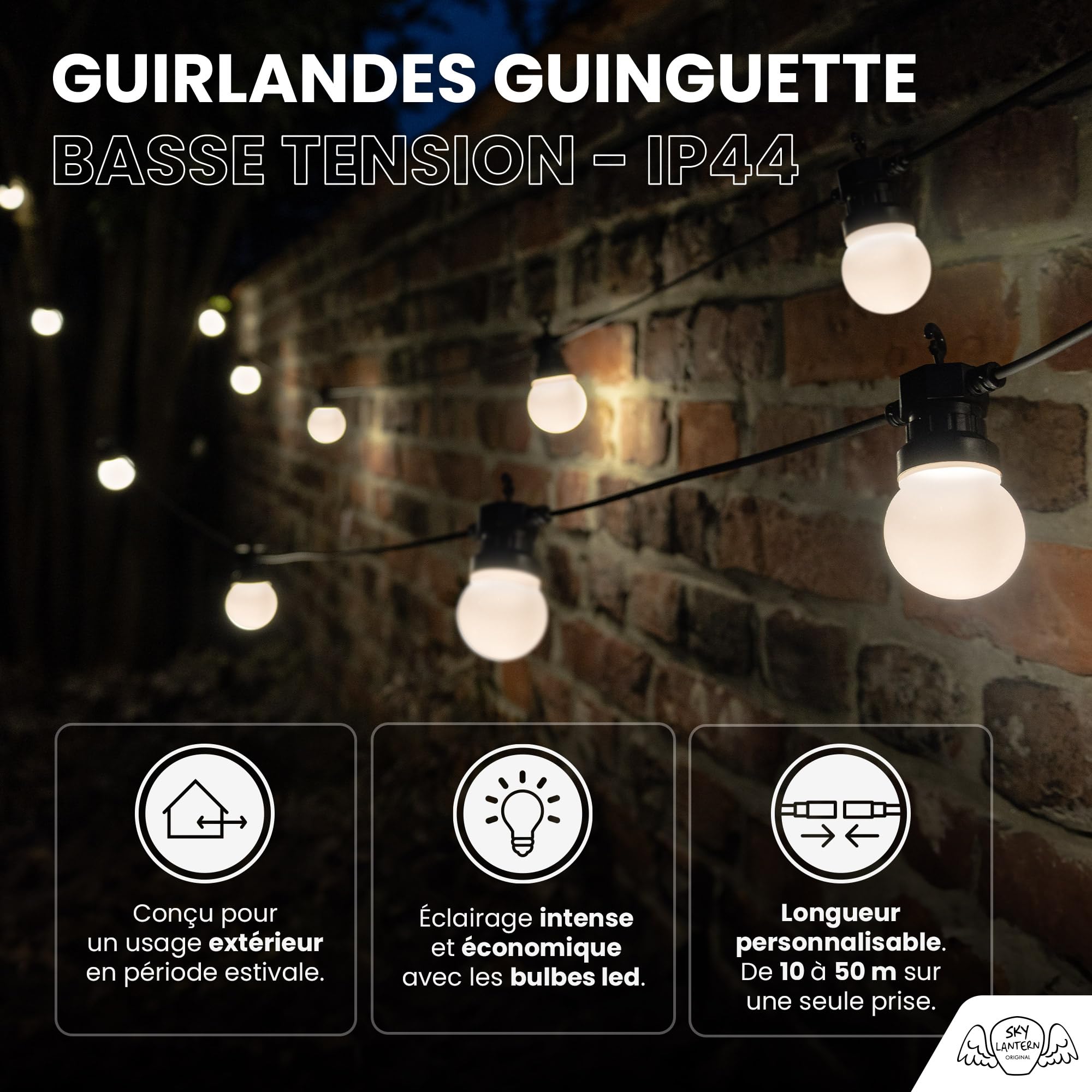 Guirnalda Luces Exterior 10M 20 Bombillas LED Blanco Cálido - Guirnalda Luminosa IP44 Impermeable con Cable 3M - Decoración Jardín Terraza Fiestas