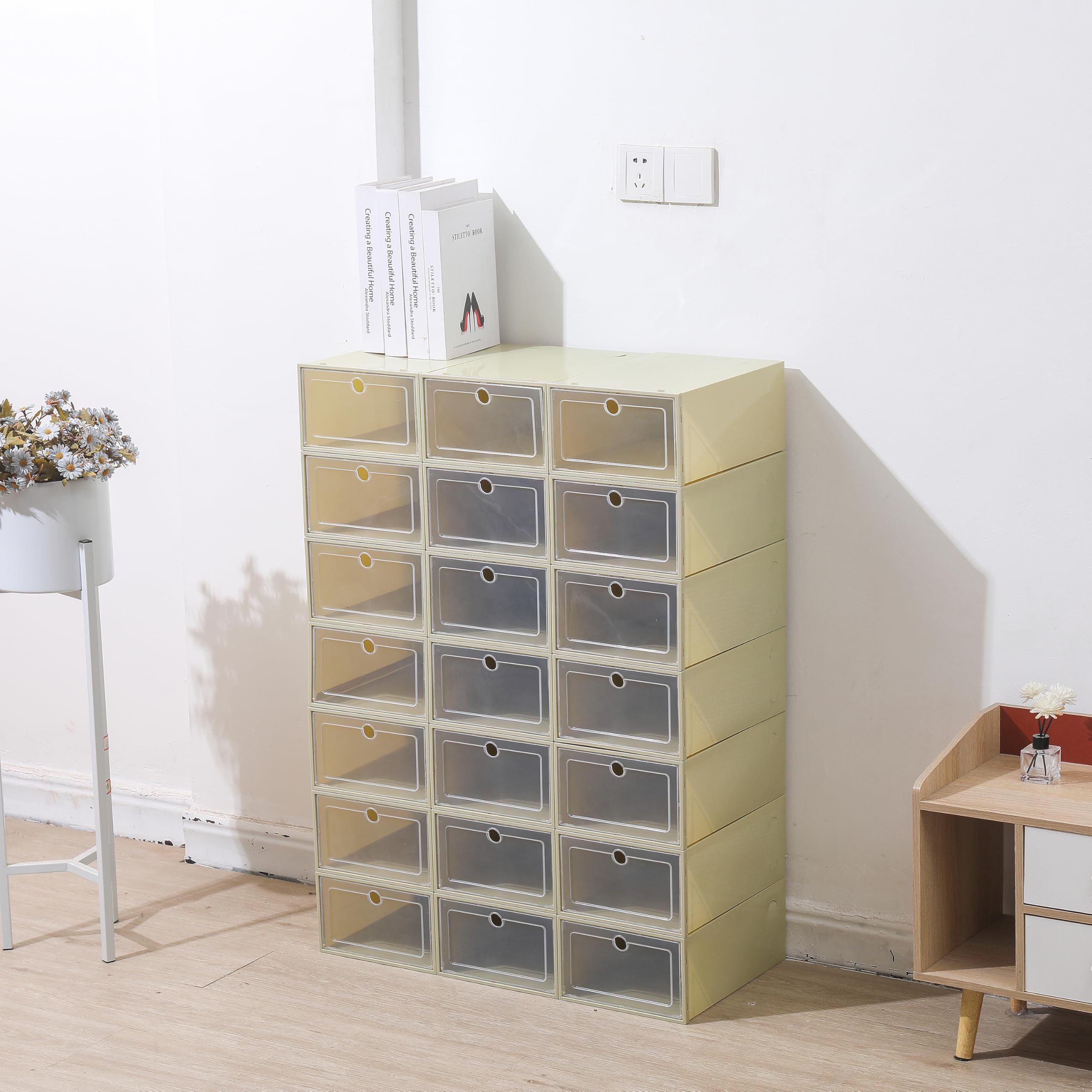 Juego de 24 cajas de almacenamiento de plástico para zapatos, 4,5 kg, 33 x 23 x 14 cm, con tapa abatible, cubierta transparente de agujeros redondos, almacenamiento de zapatos para guardarropa