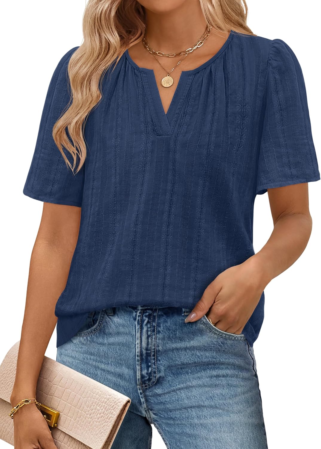 MEROKEETY Women's Summer Business Casual Blouse Tops Dressy Short Sleeve V Neck Loose Fit Work T Shirts