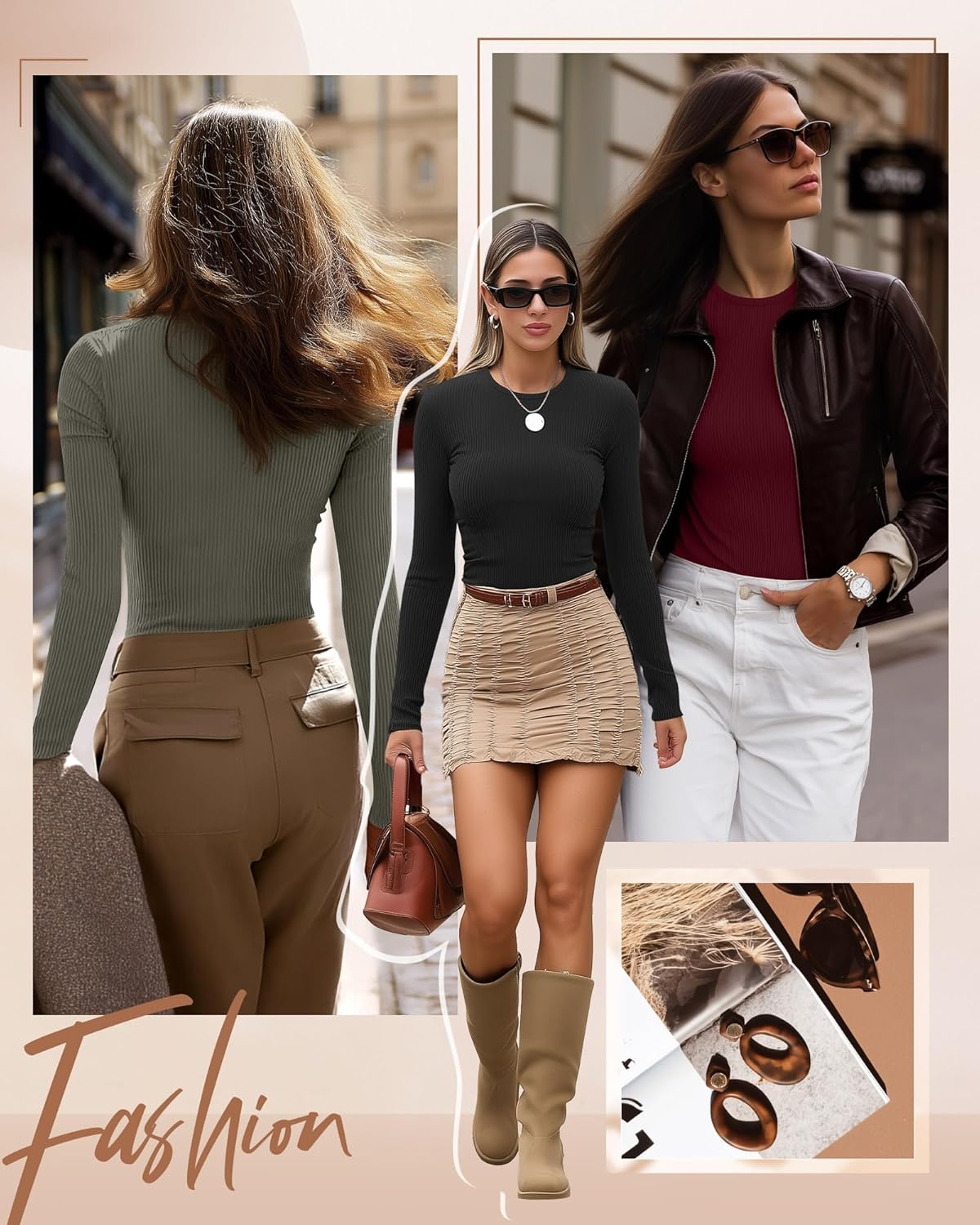 Ficerd 3 Pack Women's Ribbed Long Sleeve Tops, Crew Neck Slim Fit Undershirts Knit Basic Casual Stretch Layering Tee Shirts - Image 2