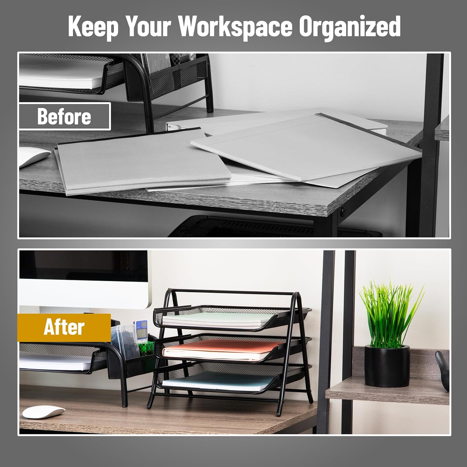 Mind Reader 3-Tier Paper Tray, Desktop Organizer, File Storage, Office, Metal Mesh, 11.75" L x 13.75" W x 10" H, Set of 2, Black