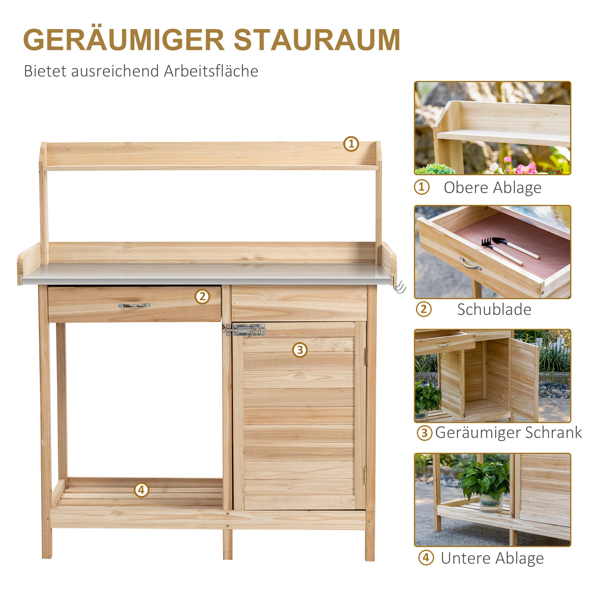 Outsunny Mesa de plantación con encimera galvanizada Mesa de jardinería con cajonera Mesa de Trabajo de jardín Madera Maciza Natural 112 x 48 x 125 cm | Mesa de jardín con cajón, armario, mesa de trabajo de jardín, madera maciza