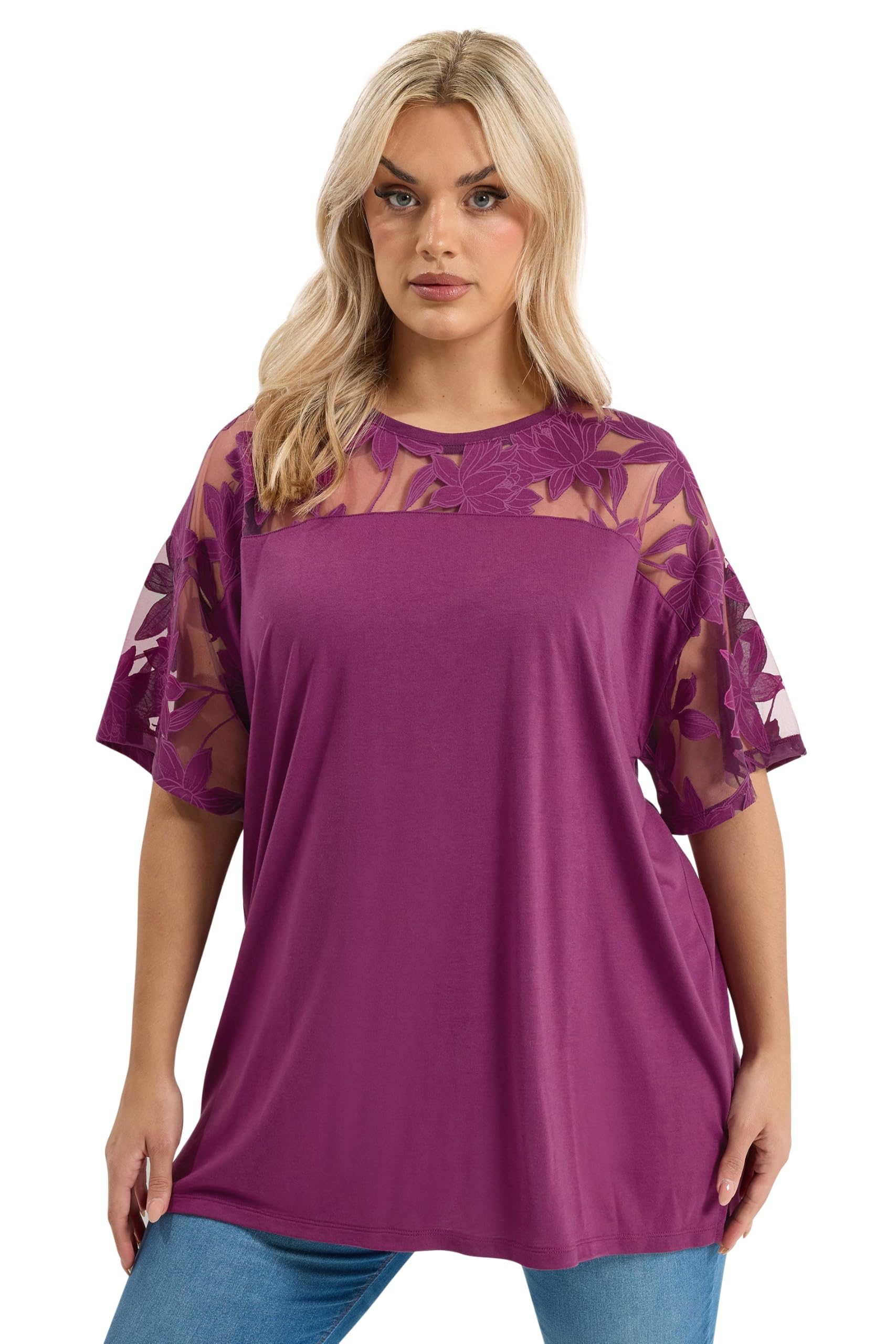 Yours Women's Purple Floral Boxy T-Shirt In Size 30-32