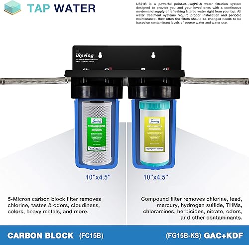 Miniatura 4 de iSpring Sistema de filtro de agua US21B para debajo del fregadero, flujo rápido de 15 GPM, mangueras de acero inoxidable y cartuchos de gran