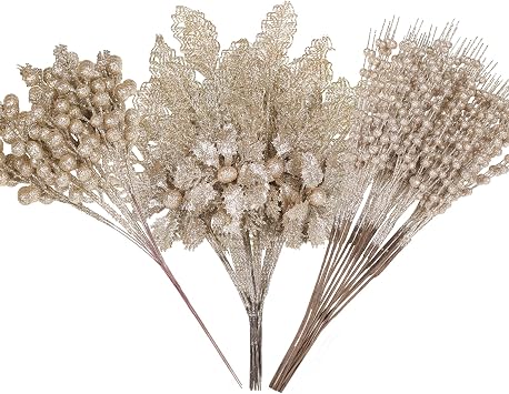 Alupssuc 24 Pcs 3 Styles Glitter Christmas Tree Picks and Holly Berry Stems Christmas Decorations Set, Poinsettia Flowers Artificial for Xmas Tree Ornaments or Party Wreath Fireplace, Champagne Gold