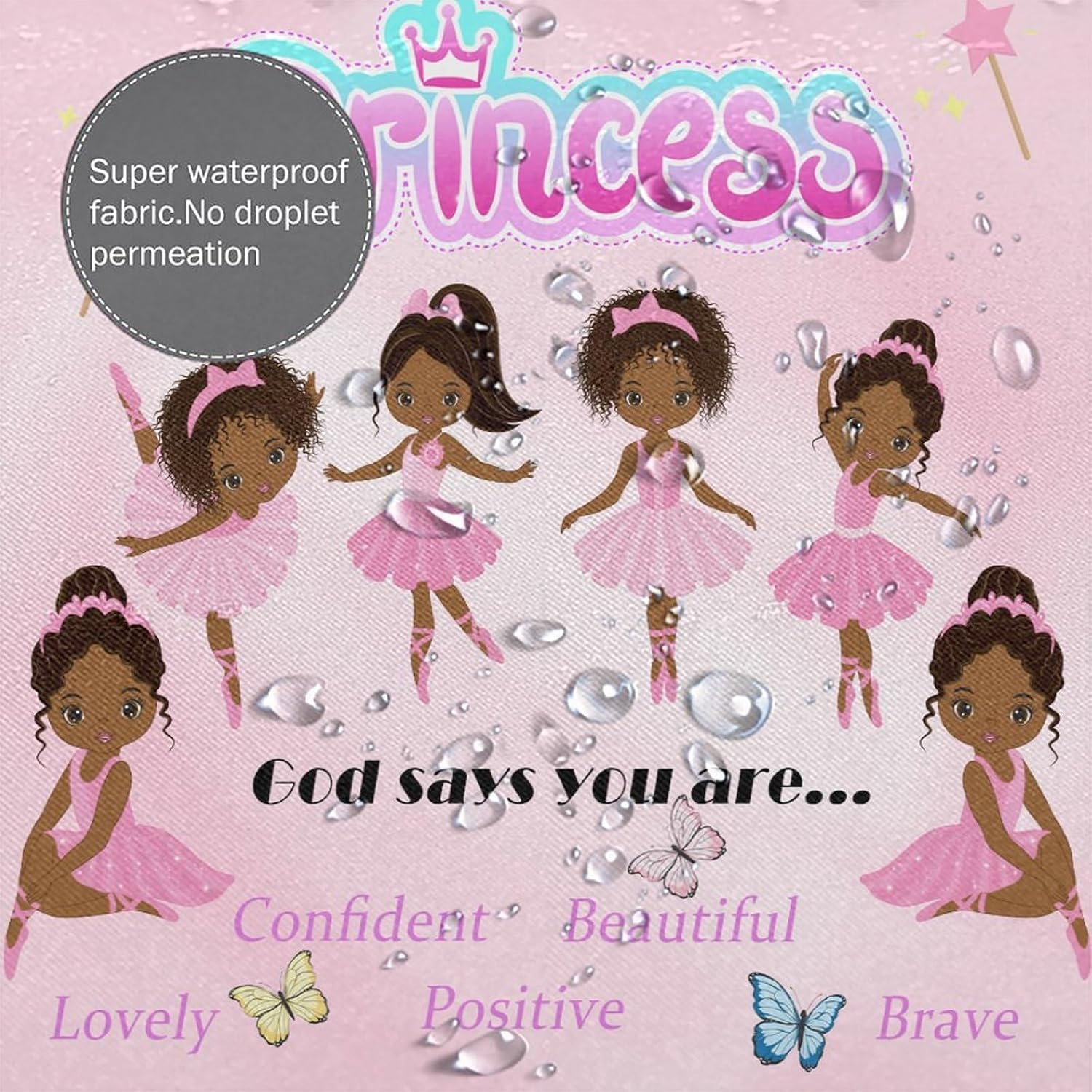 Ballerina Princess Pink Shower Curtain,Cute Cartoon Black Girls Print Shower Curtain for Bathroom Decor Fabric Waterproof Upholstery Hook 66x72 Inches