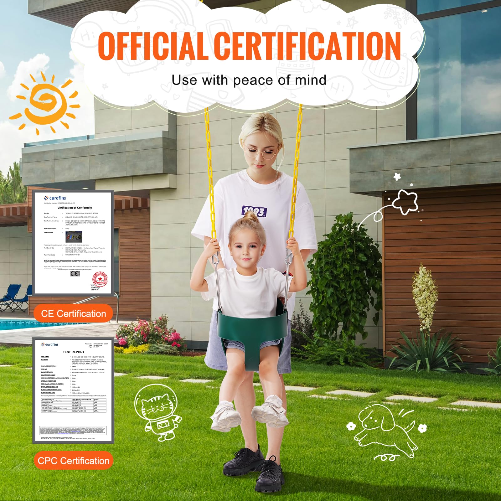 VEVOR Toddler Swing Seat, High Back Full Bucket Baby Swing Seat with Coated Chains and Carabiners, Support 150 lbs Baby Outdoor Swing, Fully Assembled Swing for Toddlers Age 3+, Indoor and Outdoor - Image 6