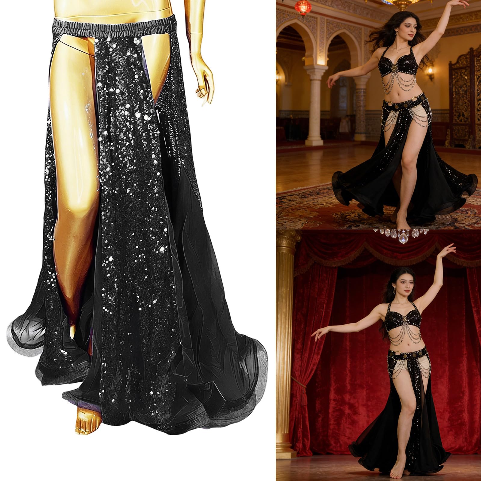 Falda larga de lentejuelas para danza del vientre para escenario, discoteca y clases, mezcla de poliéster, decoración de tela, bufanda de cadera, falda para el vientre, plata, Talla única