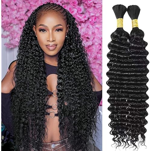 Human Braiding Hair Deep Wave Bulk Human Hair for Braiding No Weft 100% Brazilian Virgin Human Hair for Boho Knotless Braids 2 Braids Per Pack 100g 18 Inch 1B Braiding Hair Extensions