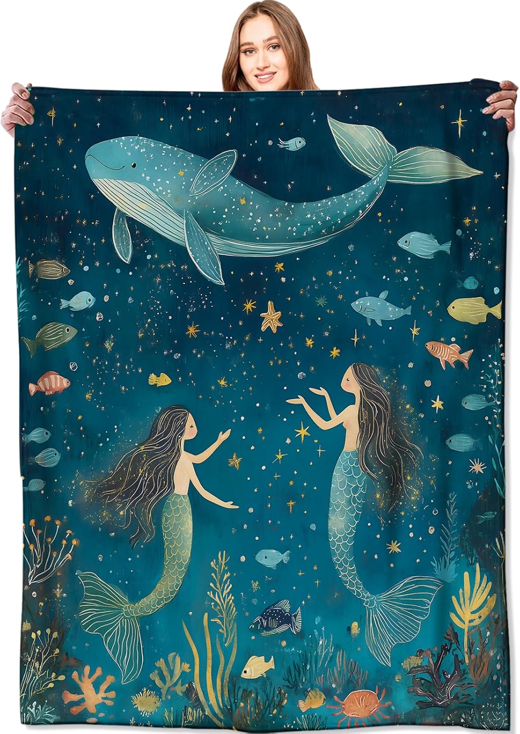 Mermaid and Whale Blanket Magical Underwater Marine Life Throw Blankets,Birthday Gifts for Kids Adult,Lightweight Soft Fleece,Ocean Lovers,Sofa Couch Bed Room Decor 50x60in