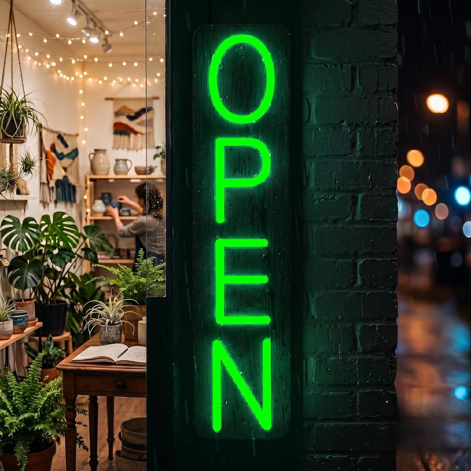 HiNeon Outdoor Open Sign for Business 28x7in IP65 Waterproof, Vertical LED Neon Open Sign w/Weatherproof LED Driver, Exterior Lighted Open Sign for Storefront Restaurant Bar (Green)