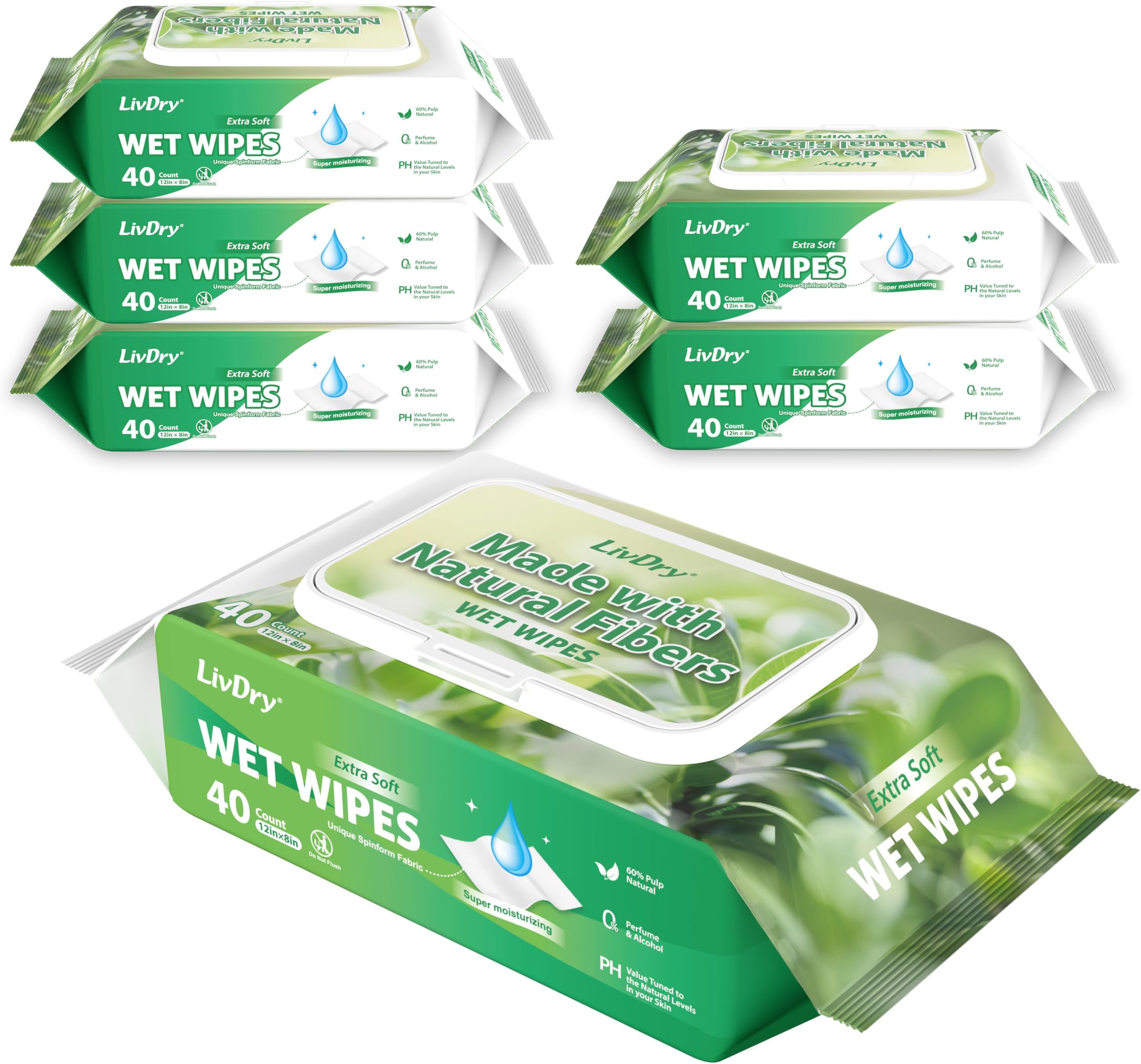 LivDry Adult Wet Wipes, Large Disposable Washcloths 12x8 Inches, Wipes for Elderly, Body Wash Wipes for Cleaning, 40 Count (6 Pack)