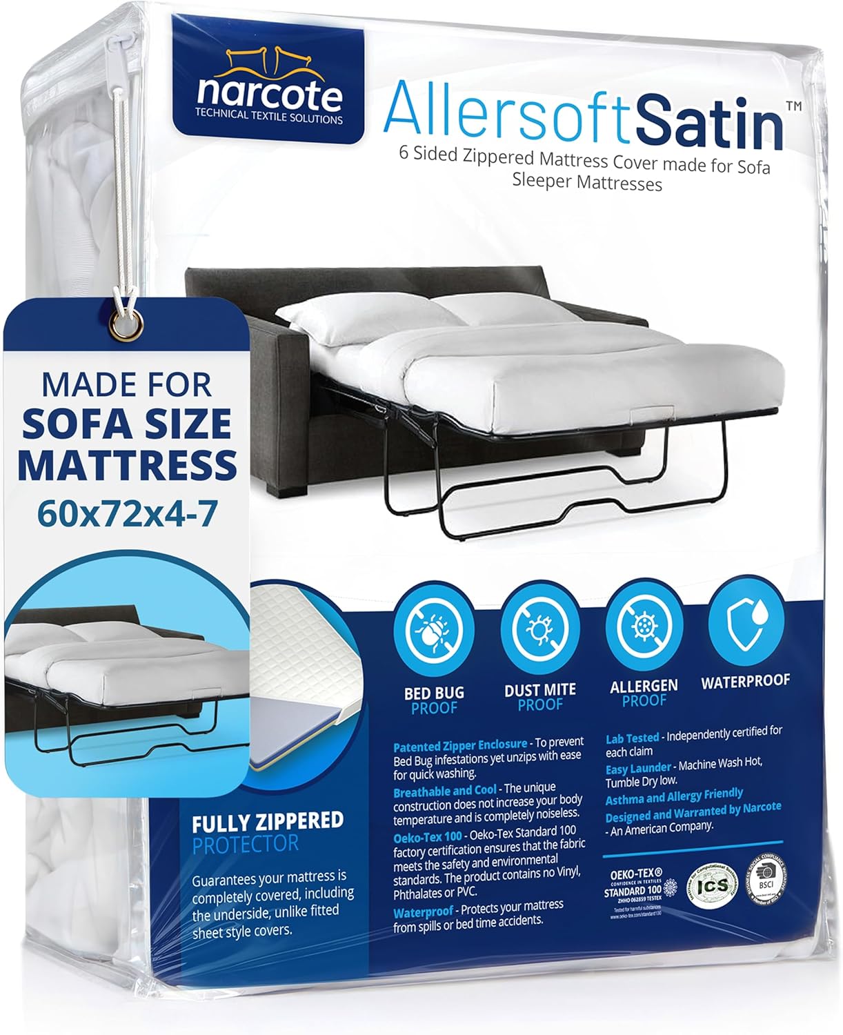 Allersoft| Queen Sleeper Sofa Mattress Cover with Secure Locking Zipper. Creates a Natural Seal On All Sides of Your Pull-Out Sofa Mattress from Liquids, Dust, Pet Dander, Pollen-60x72 (Fits 4-7 Deep)
