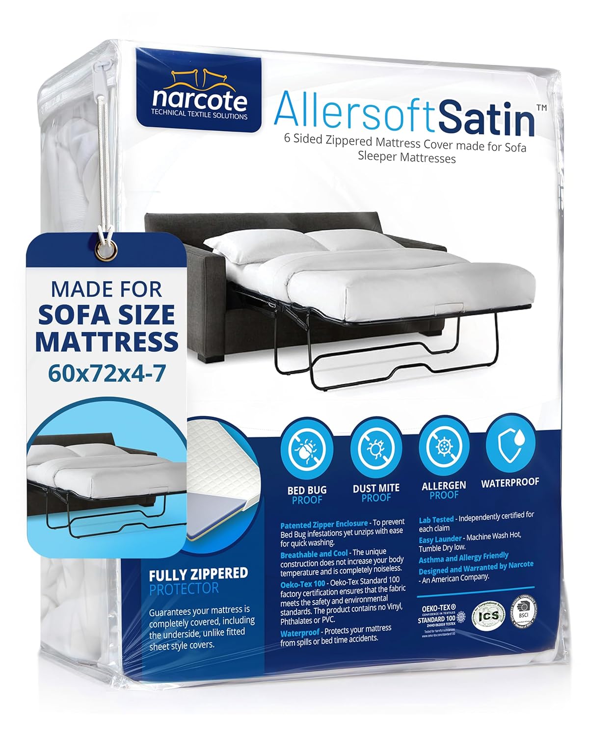 Allersoft Queen Sleeper Sofa Mattress Cover with Secure Locking Zipper Creates a Natural Seal On All Sides of