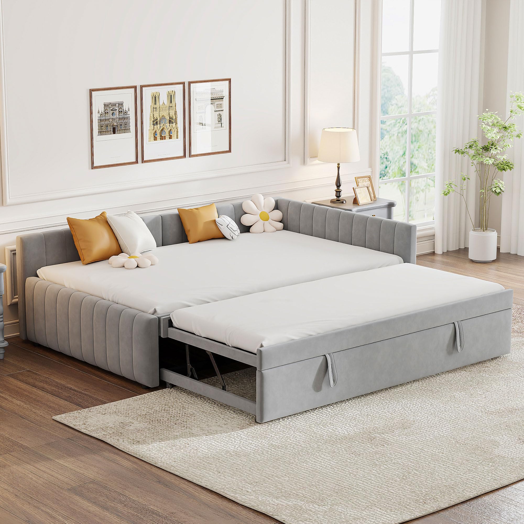 SOFTSEA Full Daybed with Pop Up Trundle, Velvet Upholstered L-Shaped Daybed with Tufted Backrest, Modern Upholstered Corner Sofa Bed Frame with Twin