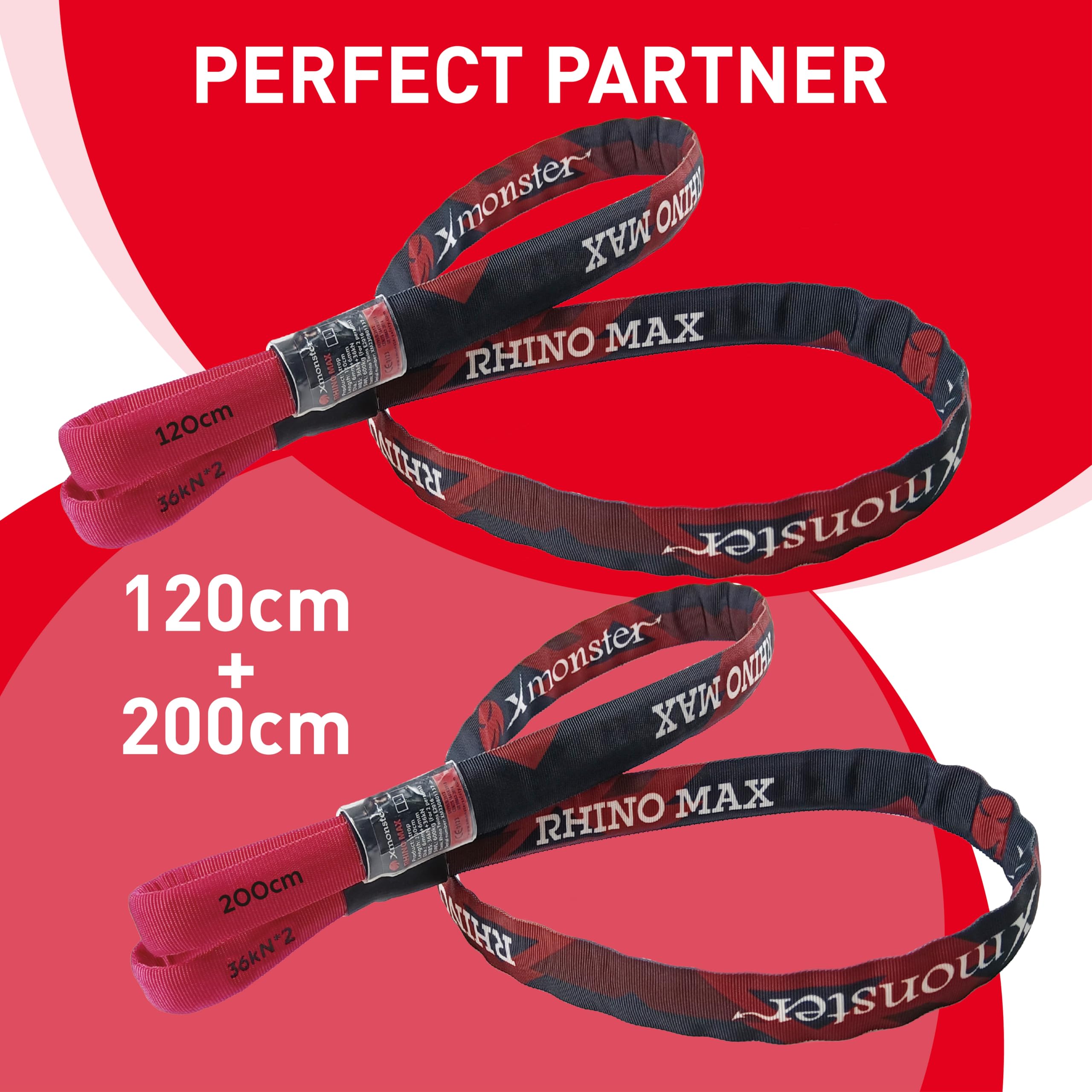 Xmonster Rhino Max - Eslinga de anclaje de doble núcleo de alta resistencia, 36 kN + 36 kN, ligera, resistente al desgaste (1,2 m y 2 m)