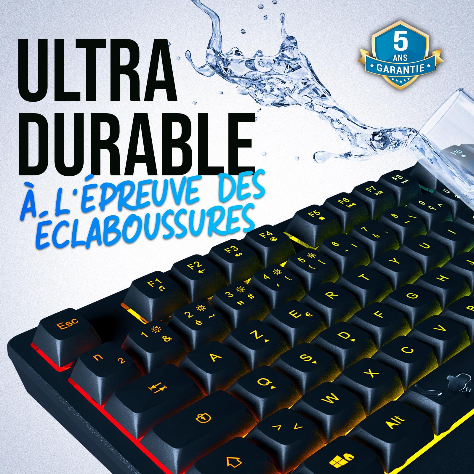 KLIM Chroma Clavier Gamer AZERTY FR - Nouveauté - Silencieux USB - Clavier Filaire Rétroéclairé LED - PC Gaming PS4 PS5 Mac - Noir