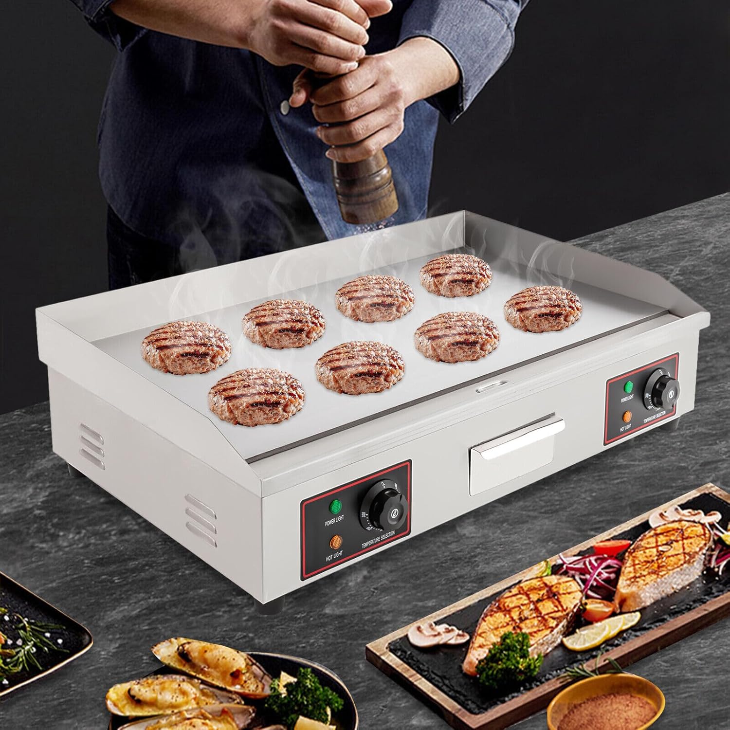 30" Commercial Electric Griddle, 110V 3000W Electric BBQ Countertop Griddle Flat Top Grill Hot Plate Adjustable Thermostatic Control Stainless Steel Restaurant Grill for Kitchen