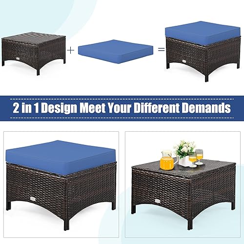 Miniatura 7 de COSTWAY Juego de muebles de mimbre de mimbre para patio, sofá biplaza con otomanas y sillas acolchadas, juegos de conversación para jardín al aire