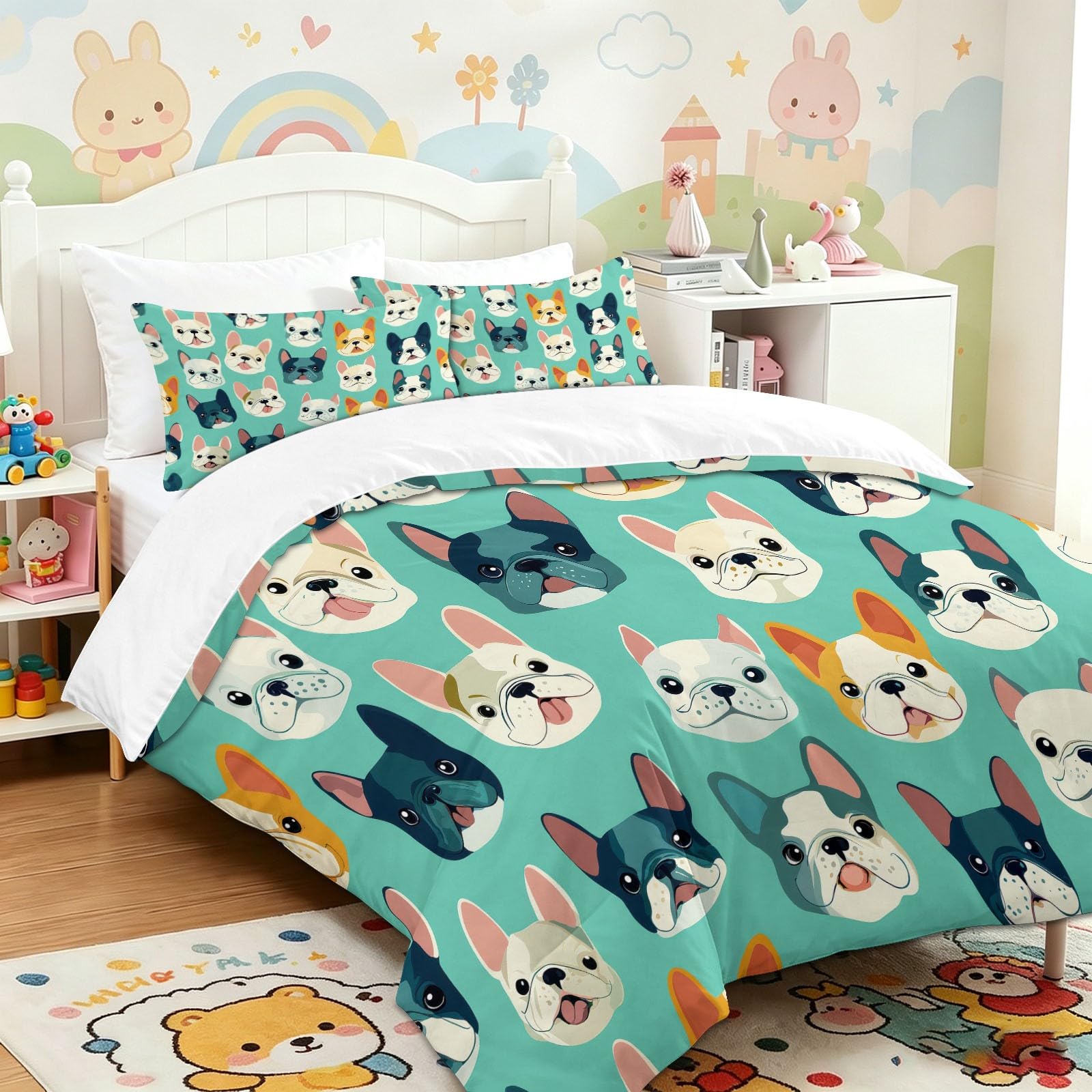 Bettwäsche Bulldogge Welpe Lustig Kinderzimmer Art 240x220 cm Erwachsene Bettbezüge 3 teilig mit Reißverschluss und 2 Kissenbezüge Doppelseitig Bettwaren Kuschelig Mikrofaser Bettwäsche-Set