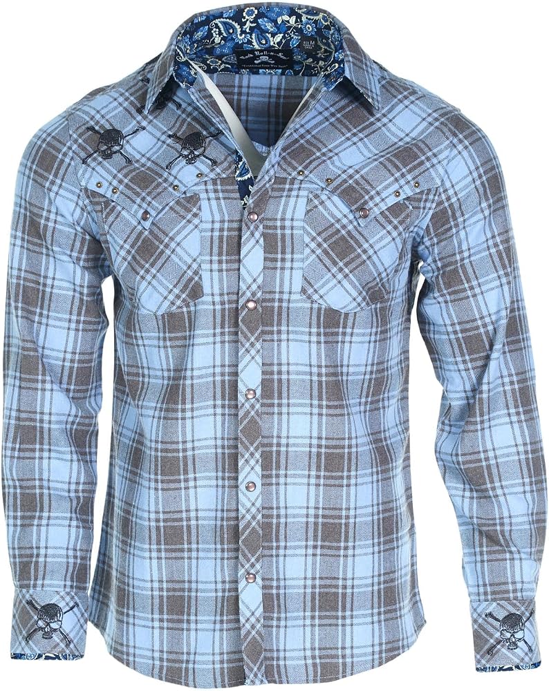 Rock Roll n Soul Men's Embroidered Skull Flannel Blue Long Sleeve Button-Up Shirt 841 (US, Alpha, Medium, Regular, Regular, Blue) : Clothing, Shoes & Jewelry