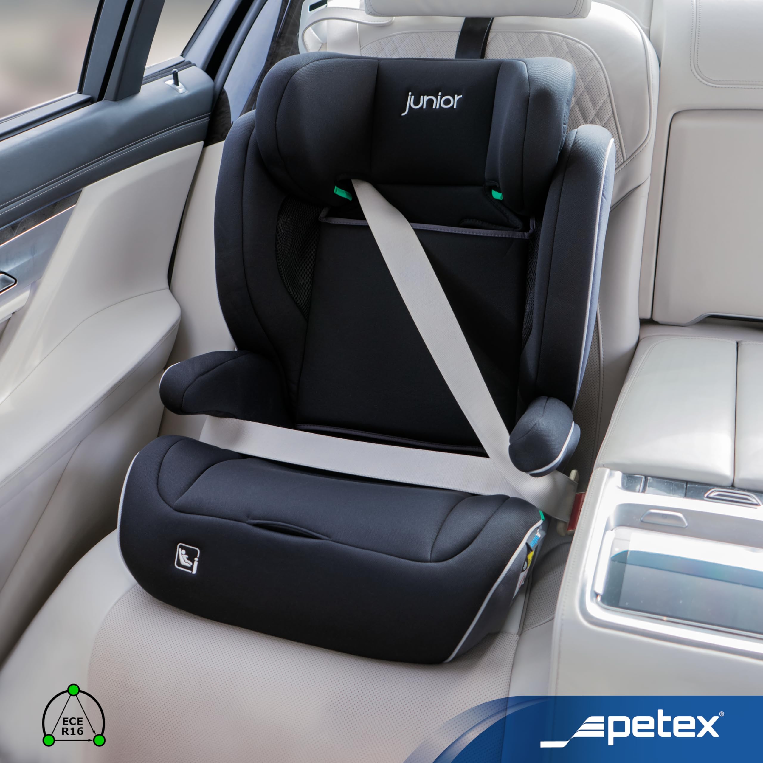 PETEX Fotelik samochodowy dla dzieci z ISOFIX – Supreme Plus i-Size norma ECE R129 dla dzieci w wieku od ok. 76 – 150 cm, fotelik samochodowy z regulacją wysokości w kolorze czarnym, 1 sztuka