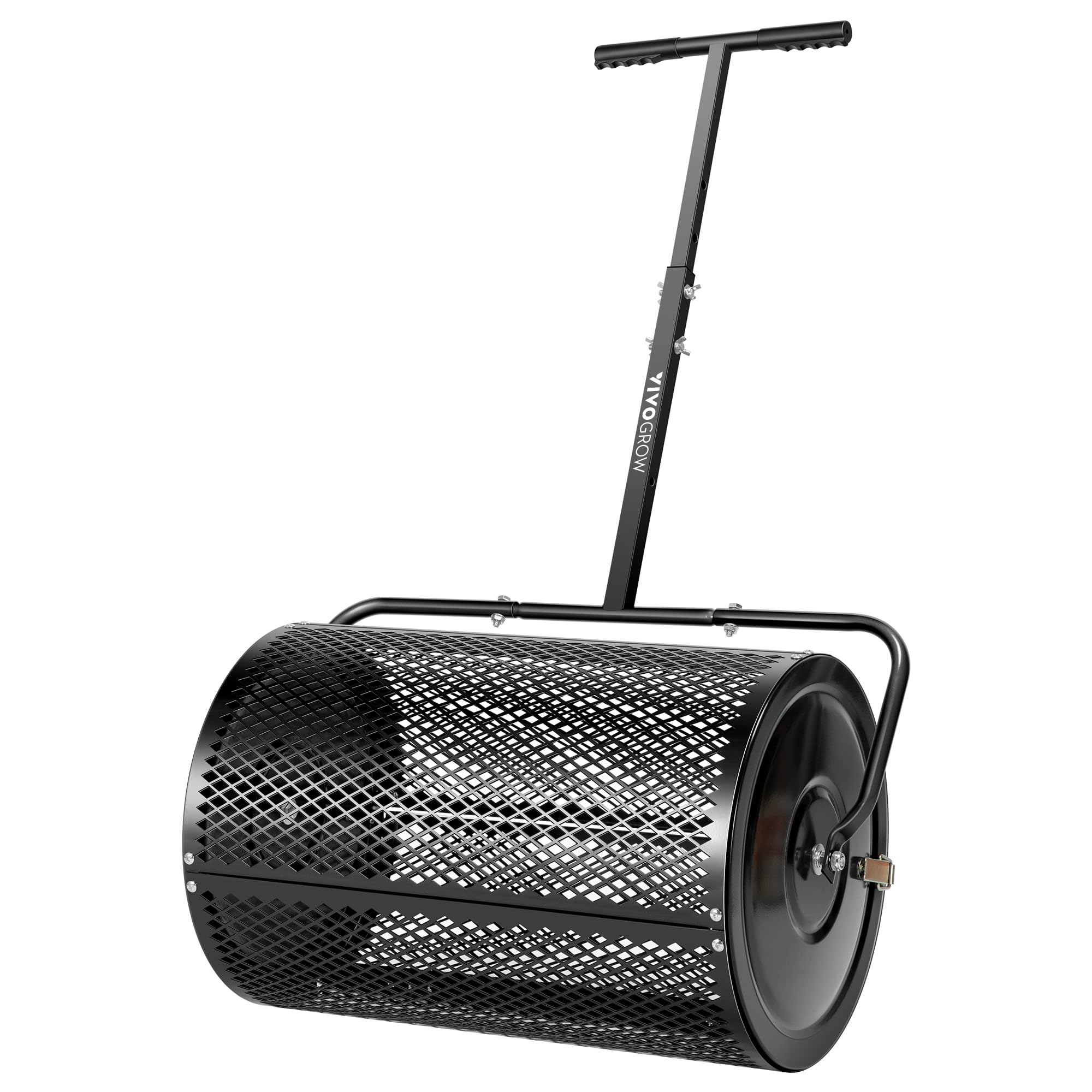 Photo 1 of 24” Compost Spreader, Peat Moss Spreader with Adjustable T-Shaped Handle, Upgraded Side Clasps, Rustproof Metal Roller, Lawn & Garden Spreader for Sowing & Fertilizing, Black Black Handle