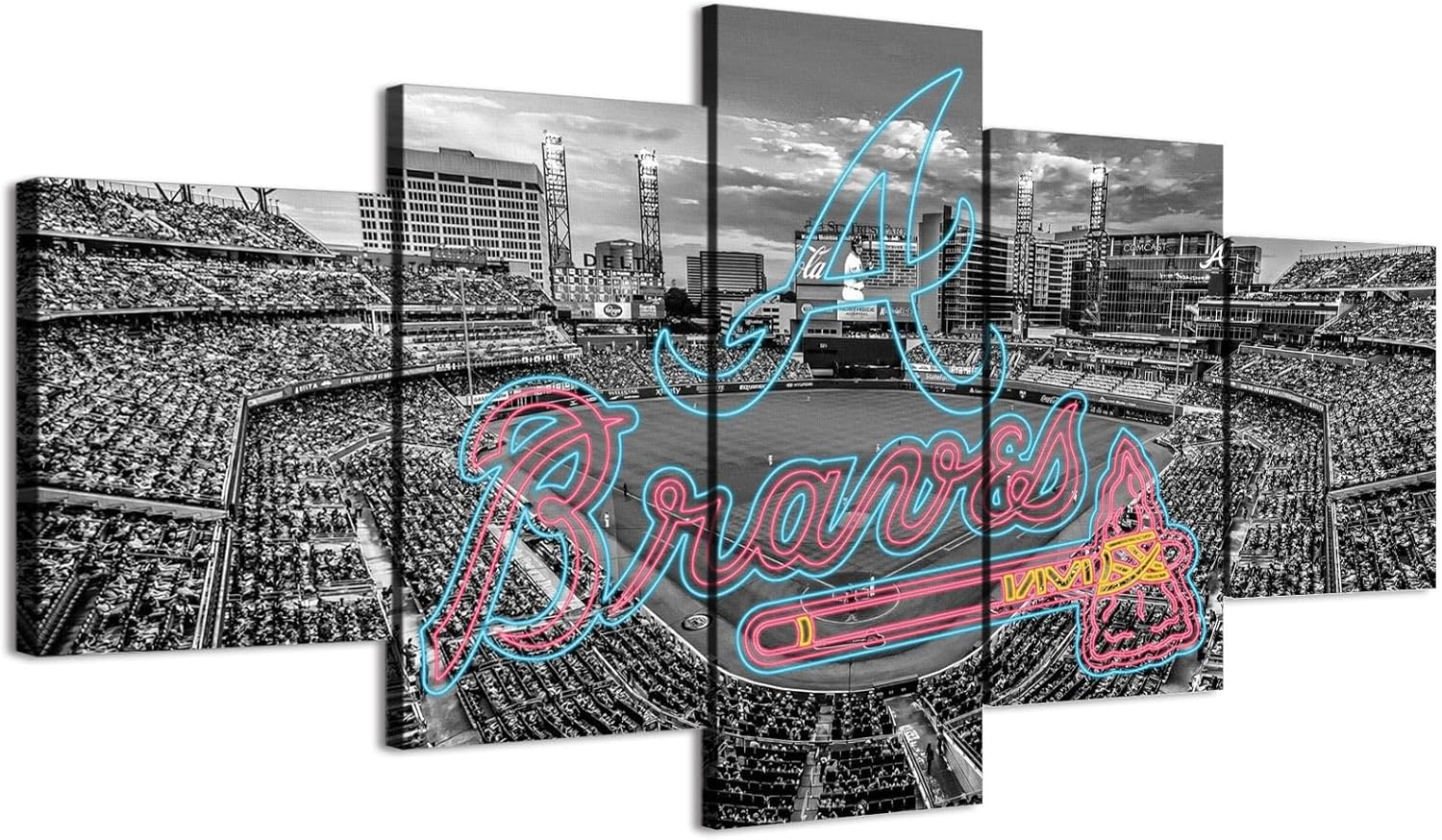 Atlanta Baseball Stadium B&W Panoramic Poster With Neon effect Braves Sign (5-Panel Framed Canvas Printing Full Size: 60x100cm) Home Decor Man Cave Wall Art