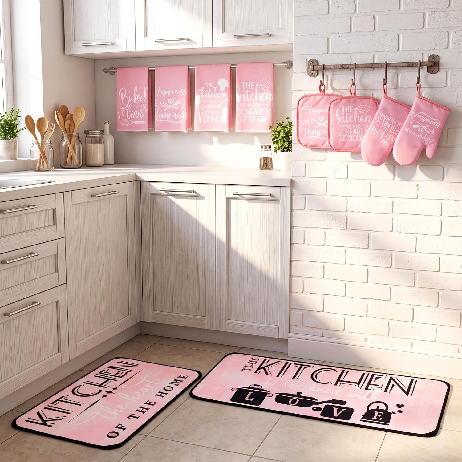 Sratte 10 Pcs Kitchen Decor Accessories Set 4 Kitchen Dish Towels 2 Pot Holders 2 Oven Mitts 2 Rugs for Cooking Baking BBQ Housewarming Gifts(Pink,Abstract)