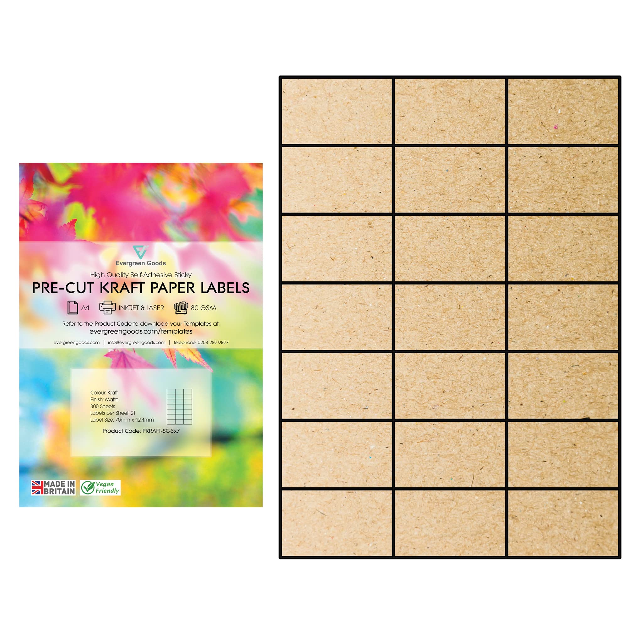 Evergreen Goods A4 Precut Kraft Matte Self Adhesive Paper | Inkjet & Laser Printable | Strong Sticky Back Multi Purpose Printing Labels | 3x7, 21 per A4: 6,300 Labels in Total | 300 Sheets