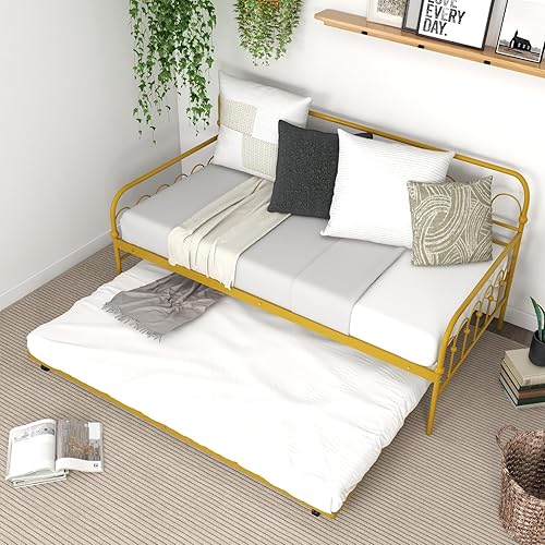 Miniatura 9 de Giantex Sofá cama individual con nido dorado, cama de día de metal con práctica cama nido extraíble, listones de metal, ruedas universales con