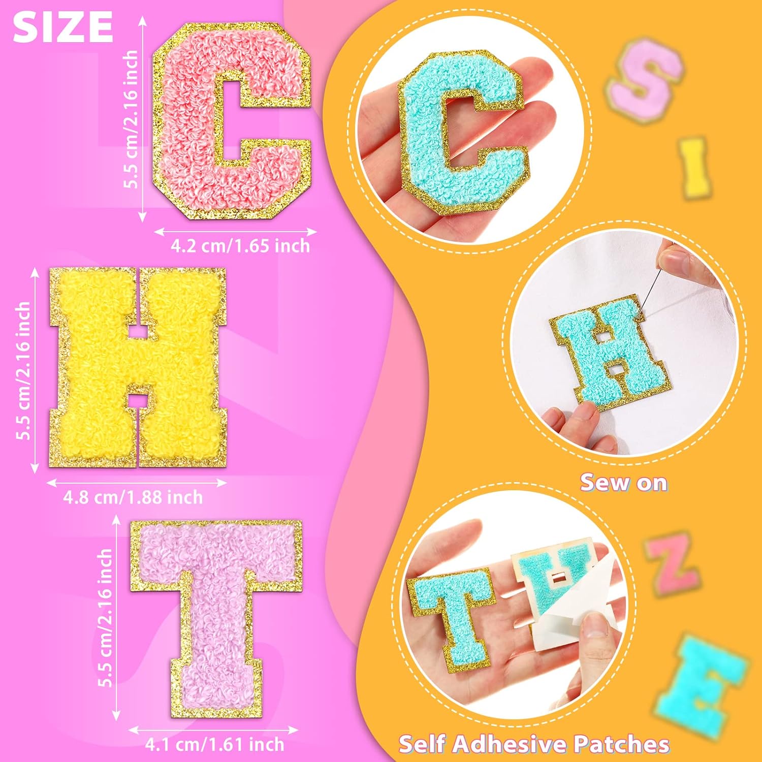 Jutom 104 Pcs Self Adhesive Chenille Iron on Letter Patches Letter Chenille Stick on Embroidered Patch for Clothing Jackets Backpacks Hats(Classic,Purple, Sky Blue, Pink, Yellow)