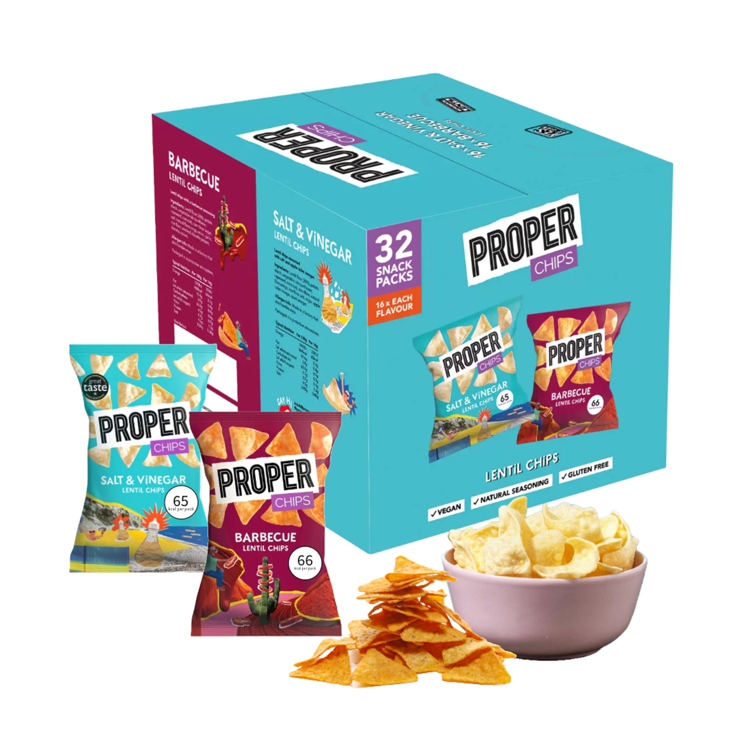 Gluten Free Lentil Crisps Multipack - Box of 32 Vegan Lentil Chips BBQ & Salt Vinegar Low Calorie Snacks with EXTRA 3 x 14g Sweet & Salty Popcorn Bags. Healthy Snacks for Lunch Box, Movie Night