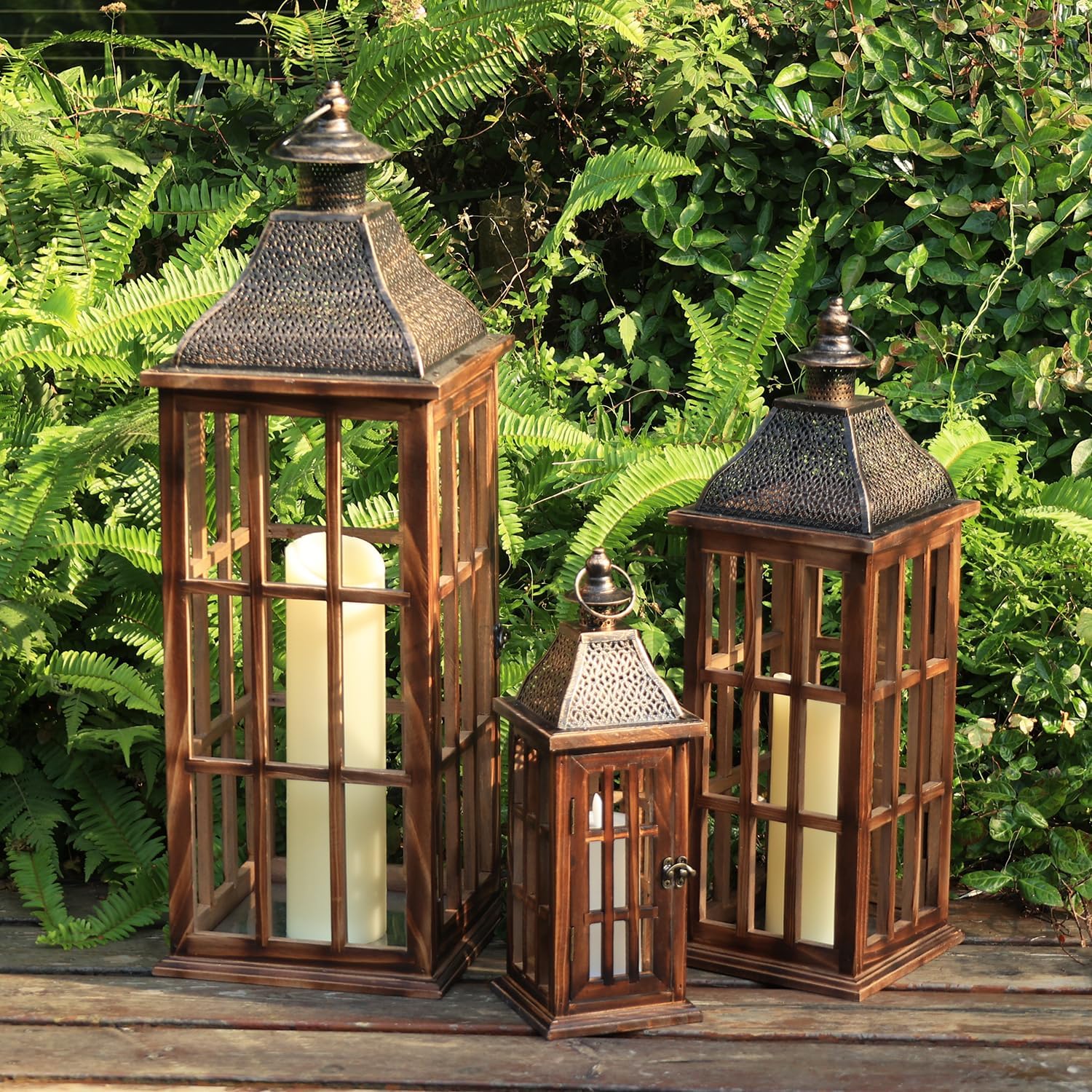 decorkey large farmhouse wooden metal lantern set of 3, 27''/22''/15'' h rustic decorative indoor & outdoor hanging candle lanterns, wooden outdoor lanterns for patio front porch table, brown brown 3
