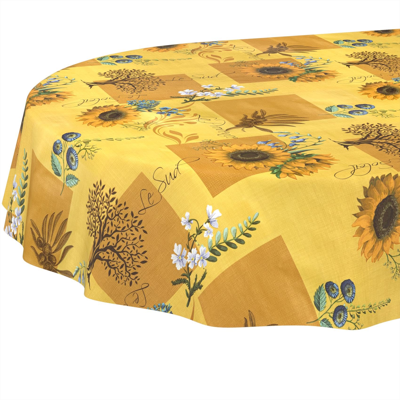 Wachstuchtischdecke Tischdecke abwaschbar Wachstischdecke pflegeleicht wasserabweisend Lotuseffekt Gartentischdecke Sonnenblume Oval 180 x 140 cm Schnittkante
