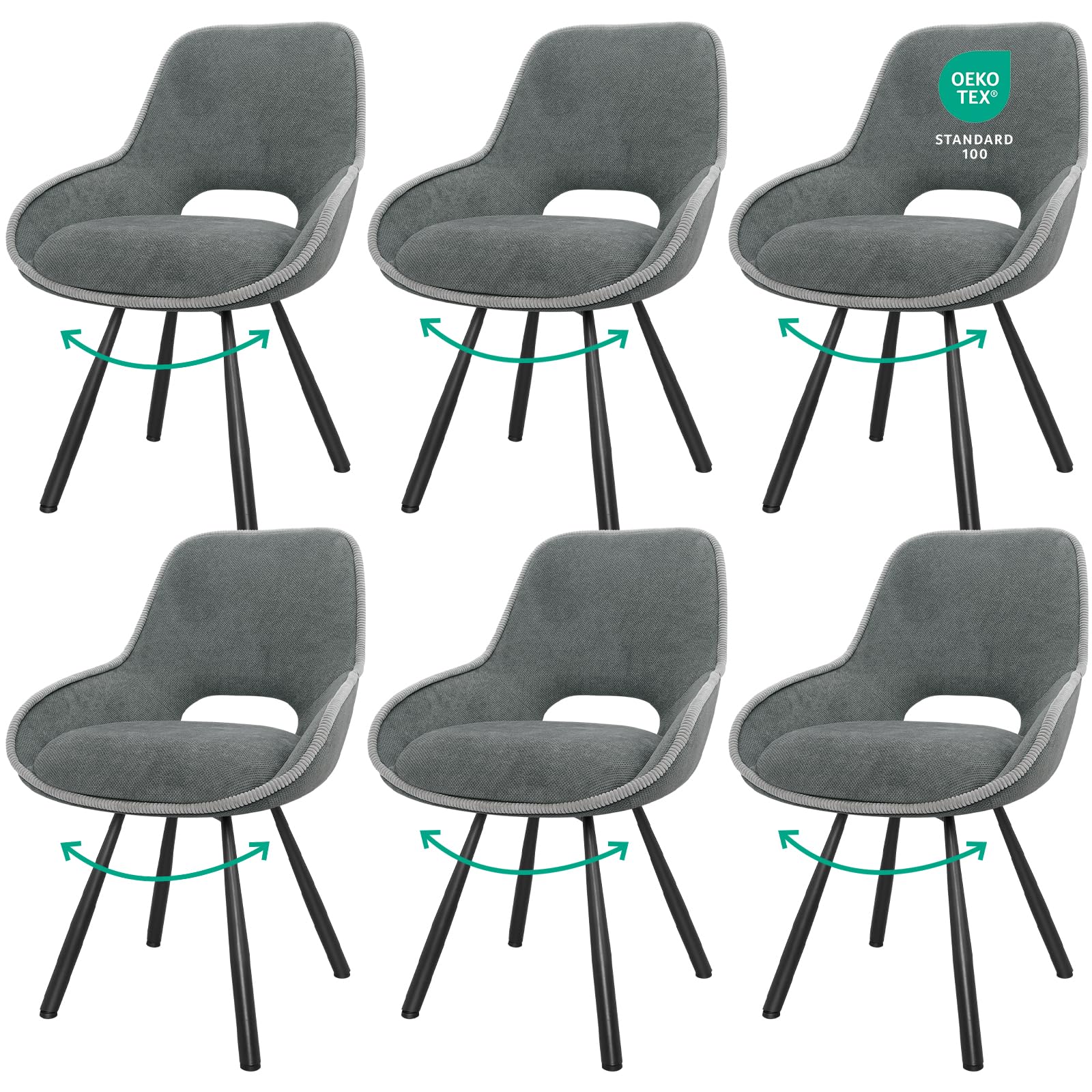 Pack de 6 Sillas de Comedor Modernas, Giratorias con Función de Auto Enderezamiento, Reposabrazos Bajos, Gris
