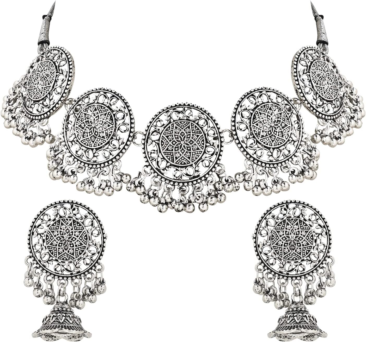 I Jewels Antique Silver Oxidized Ethnic Indian Wedding Bollywood Afghani Choker Necklace Jewellery Set for Women (MC136OX)