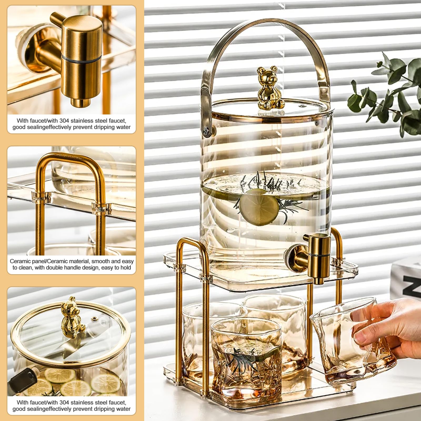 Getränkespender aus Glas,CEIEVER Eisgetränkeglas mit Zapfhahn aus Edelstahl und Ständer Wasserspender Glasbehälter für kalte Getränke mit 4 Gläsern Limonaden-Getränkespender für Partys (3000ML)