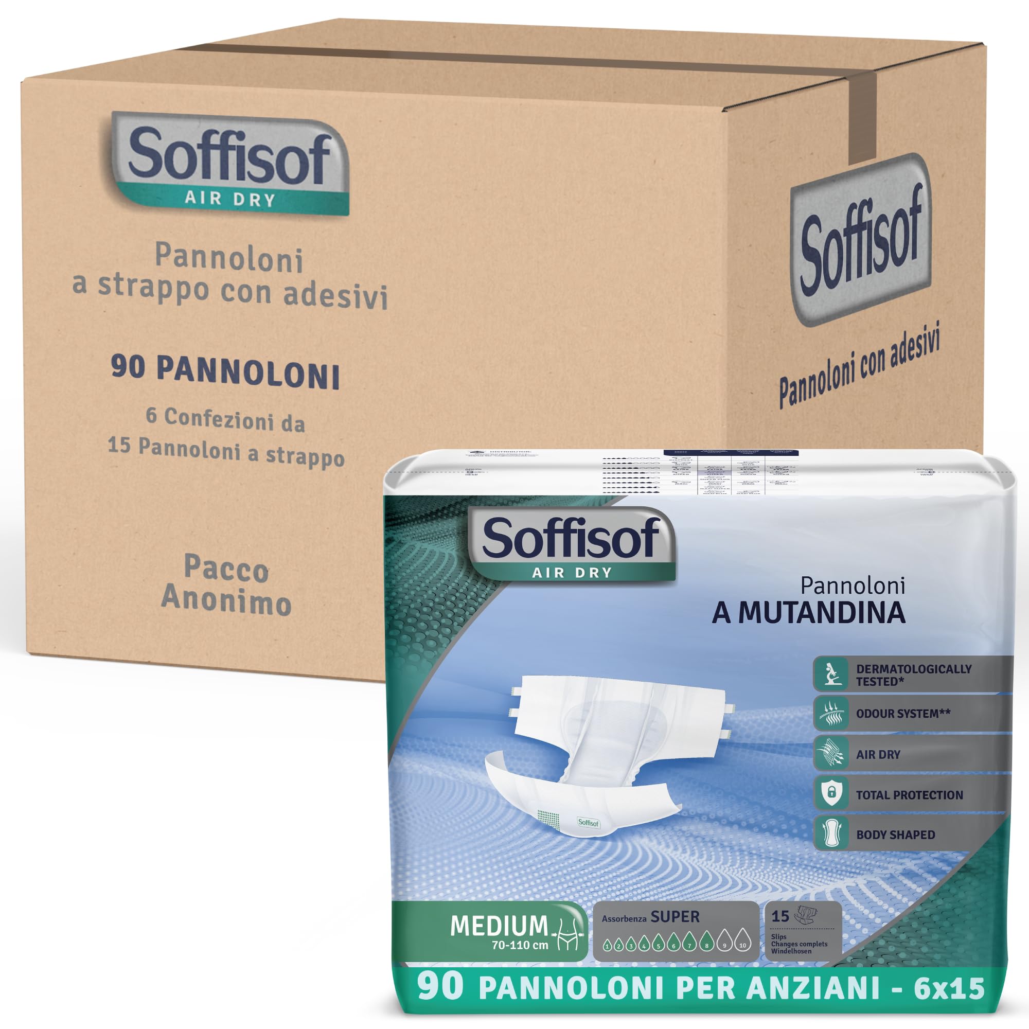 Soffisof Air Dry Pañales Adultos Super M - 90x Pañales Adultos - Alta Absorción Hasta 8 Gotas - 6 Paquetes de 15 Protecciones Incontinencia Hombre y Mujer