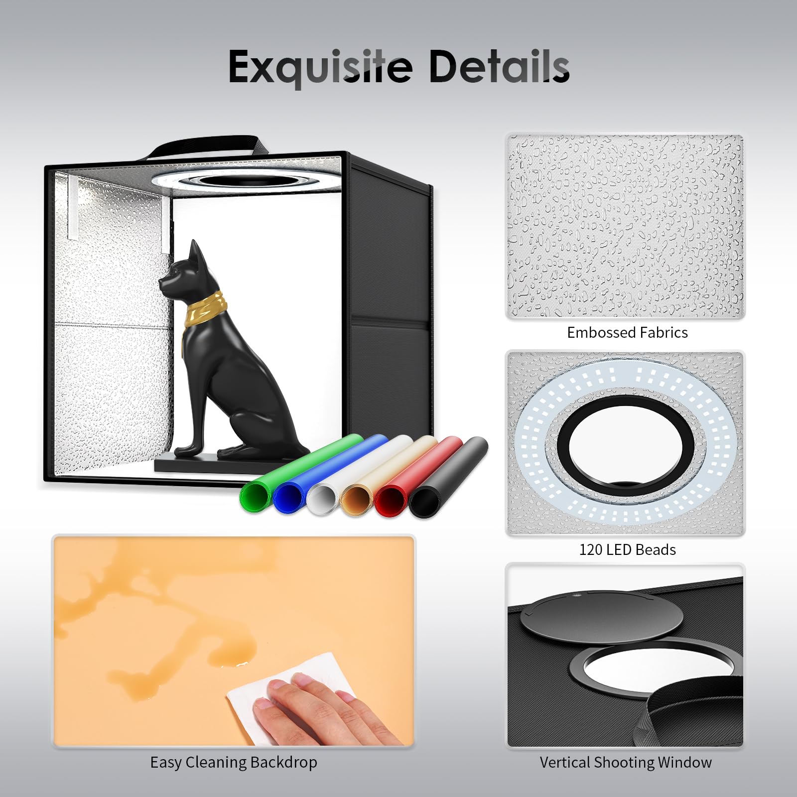 Light Box Fotografico Set,VAYOTOY Luminosa per Studio Fotografico Portatile, Tenda Fotografica Pieghevole Portatile Box Fot 120 Luci LED Fimmerabili,6 Sfondi Colorati Adatto (30×30×30 CM)