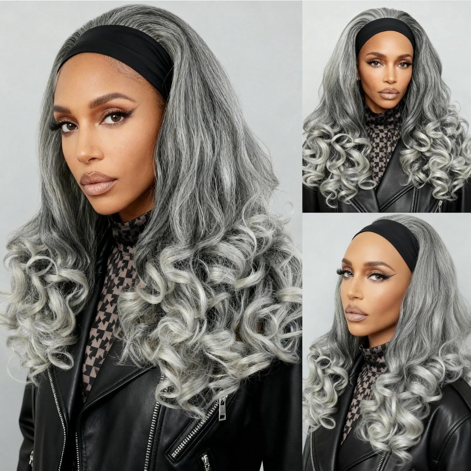 Yaki Straight Headband Wig with Curly Ends for Black Women,Synthetic Glueless Wear and Go Headband Wig,Natural Yaki Texture,20 Inch(Salt and Pepper Gray)