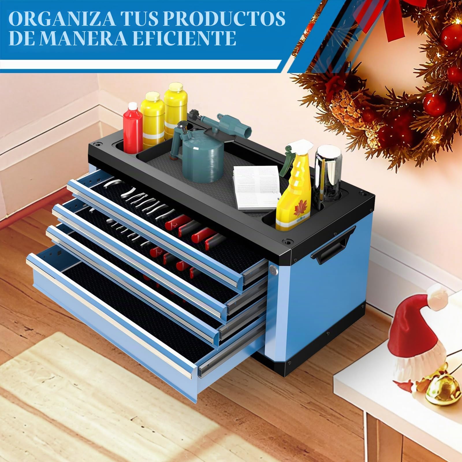 Caja de herramientas de 4 cajones con cerradura y llaves, caja de herramientas portátil con encimera multifuncional, con forro de cajón y agujeros de conexión, apilable con cajas de herramientas de 5