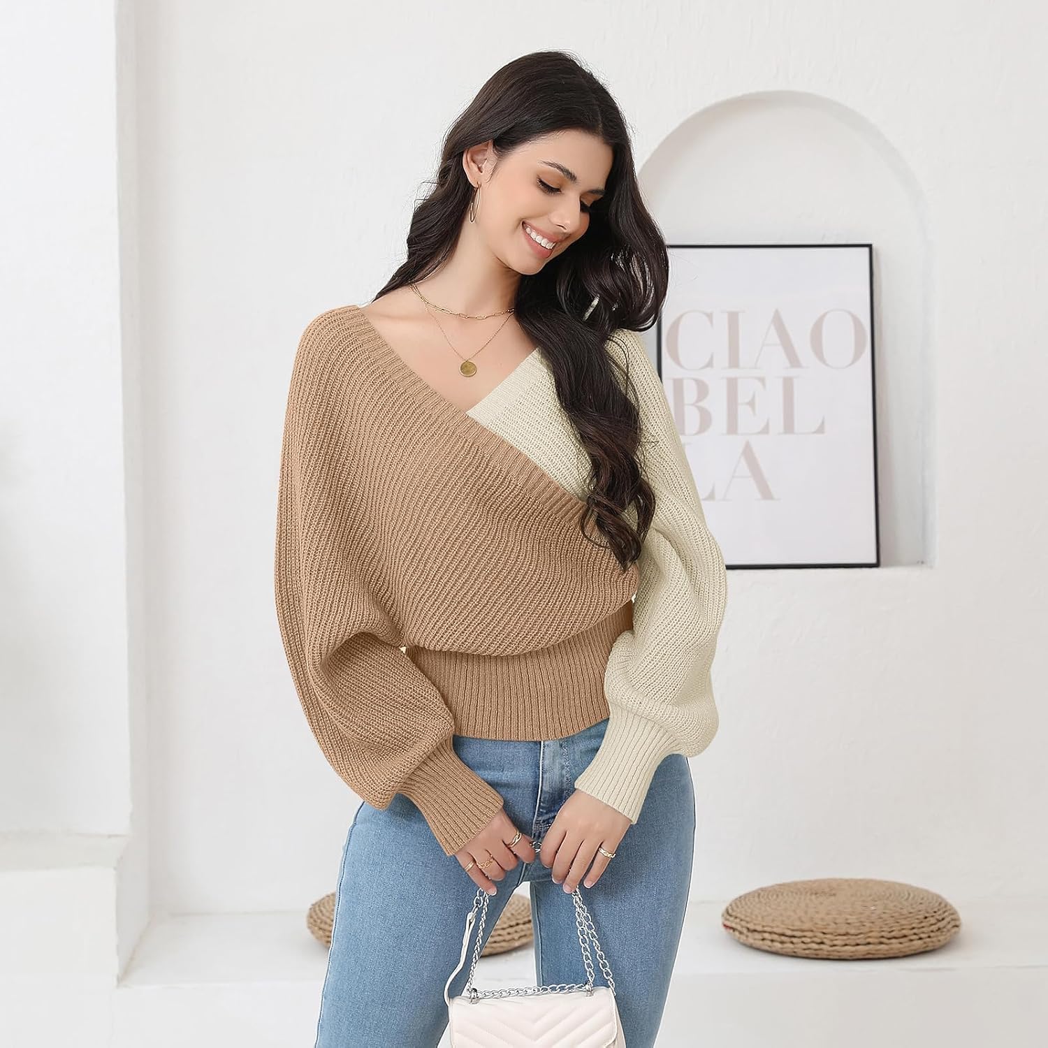 Women's Wrap V Neck Knit Sweaters Batwing Long Sleeve Cross Front Drop Shoulder Fall Pullover Tops - Image 4