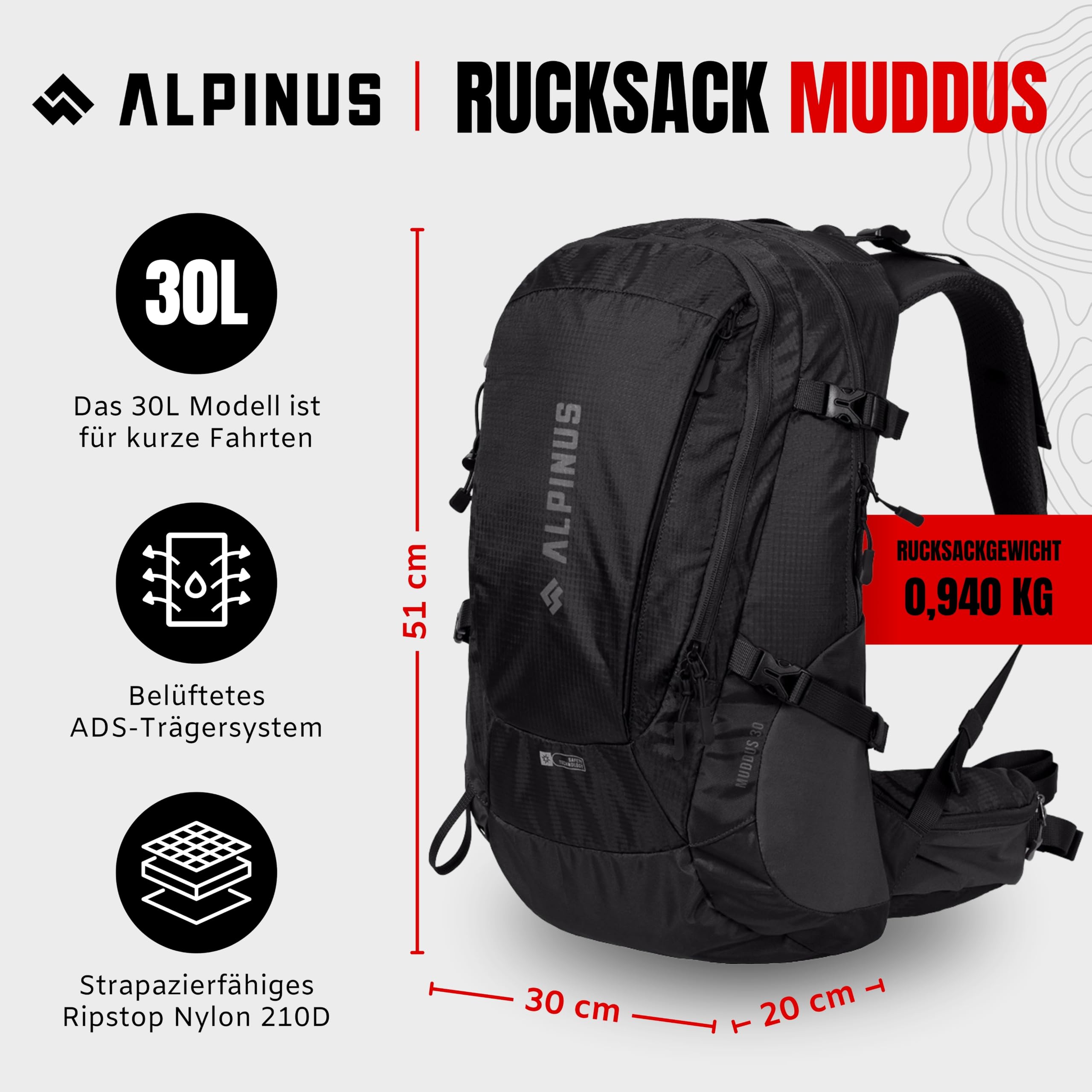 Alpinus Muddus Wanderrucksack 30L Trekkingrucksack mit Rückenbelüftung für Herren & Damen Schwarz - Rucksack mit ADS-Belüftungssystem und Regenschutz für Wandern, Camping Trekking